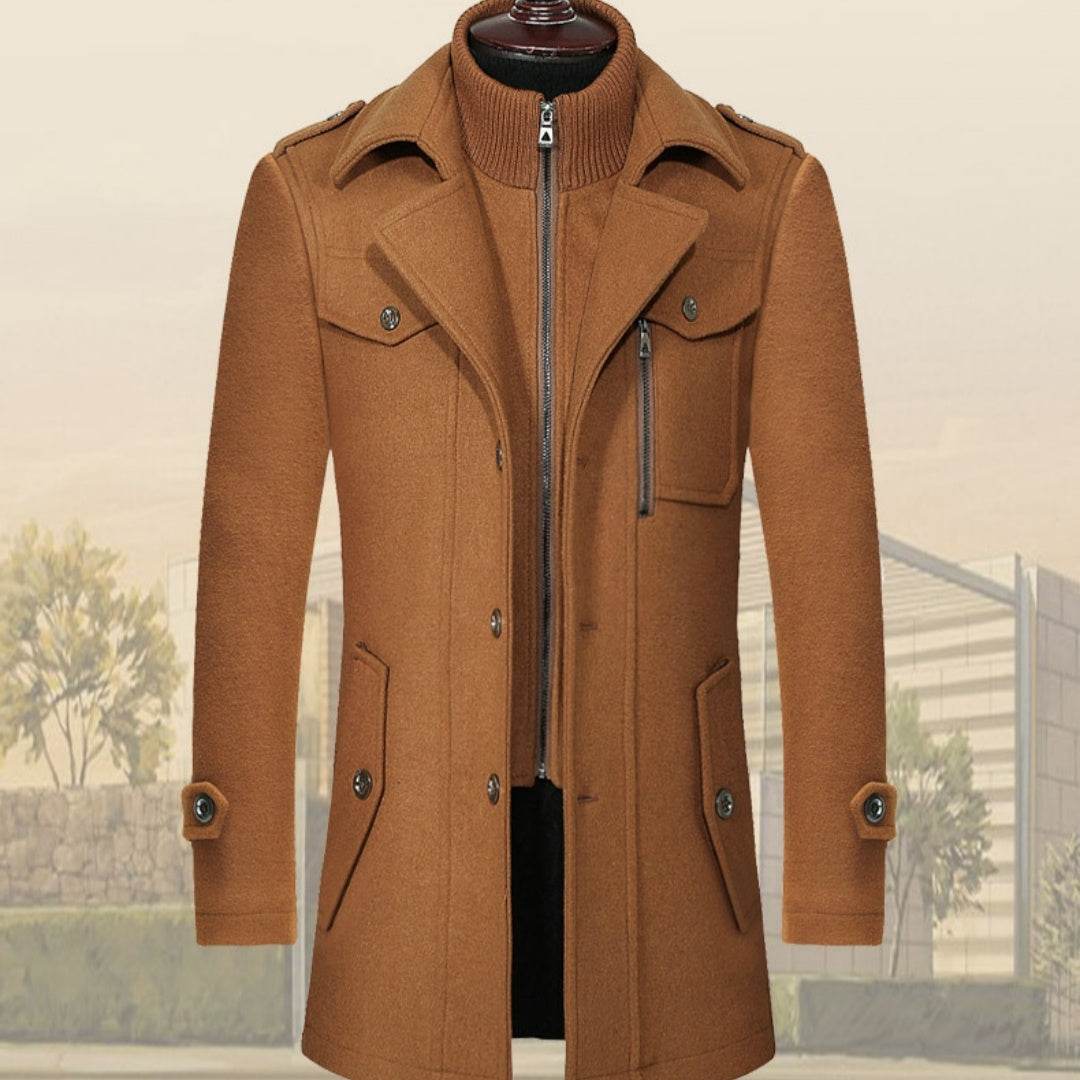 Stylish Men's Woolen Coat - Double Collar Zipper Jacket for Winter 2025 - Buy Center