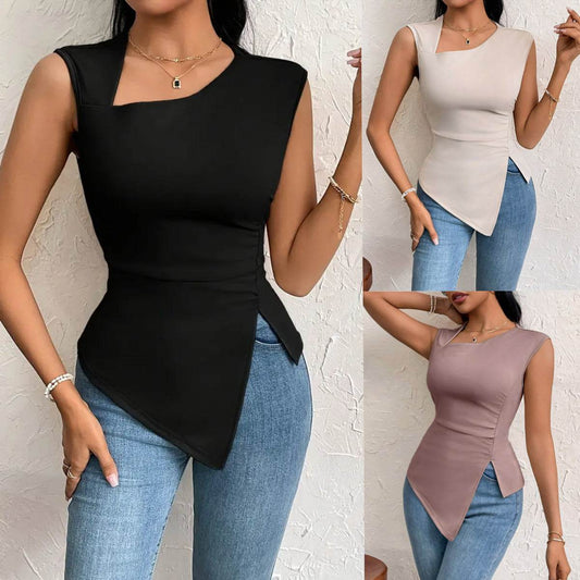Buycenter Women's Irregular Sleeveless T-shirt - Diagonal Collar Style - Buy Center