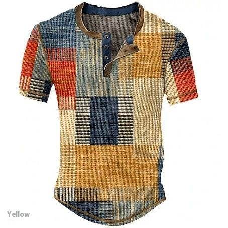 Men's Waffle Henley Shirt - Trendy Graphic Plaid Color Block Style - Buy Center