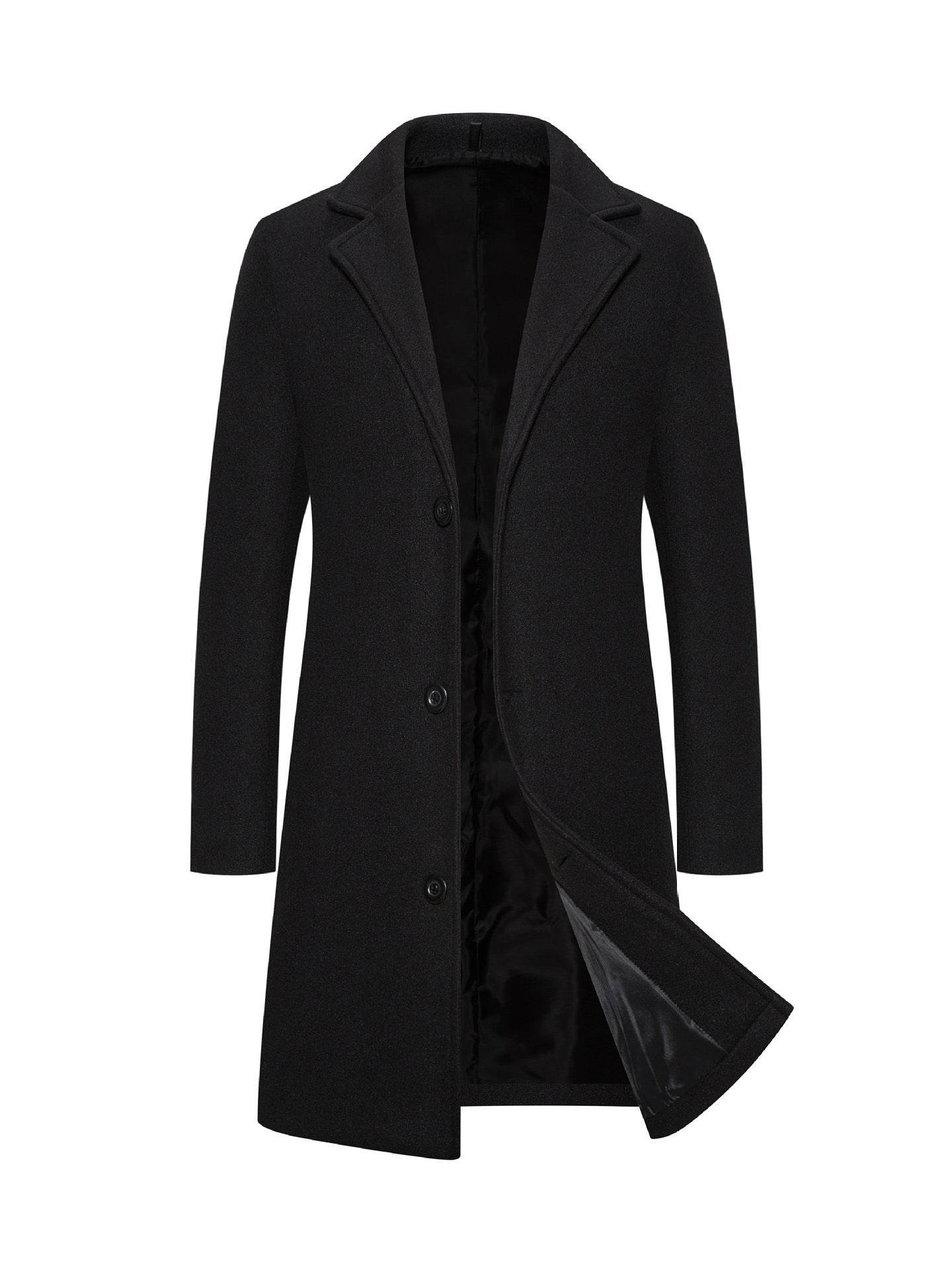 Men's Slim-Fit Woolen Coat - Stylish Mid-Length Trench with Lapel Collar - Buy Center