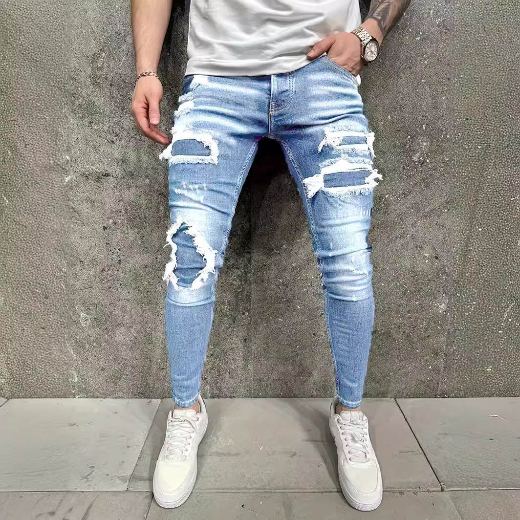 European & American Fashion Men's Jeans - Worn-Out Patch Design, Mid Waist - Buy Center