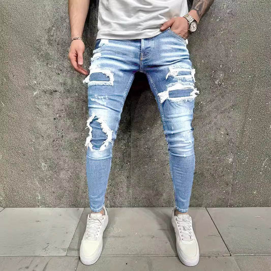 European & American Fashion Men's Jeans - Worn-Out Patch Design, Mid Waist - Buy Center