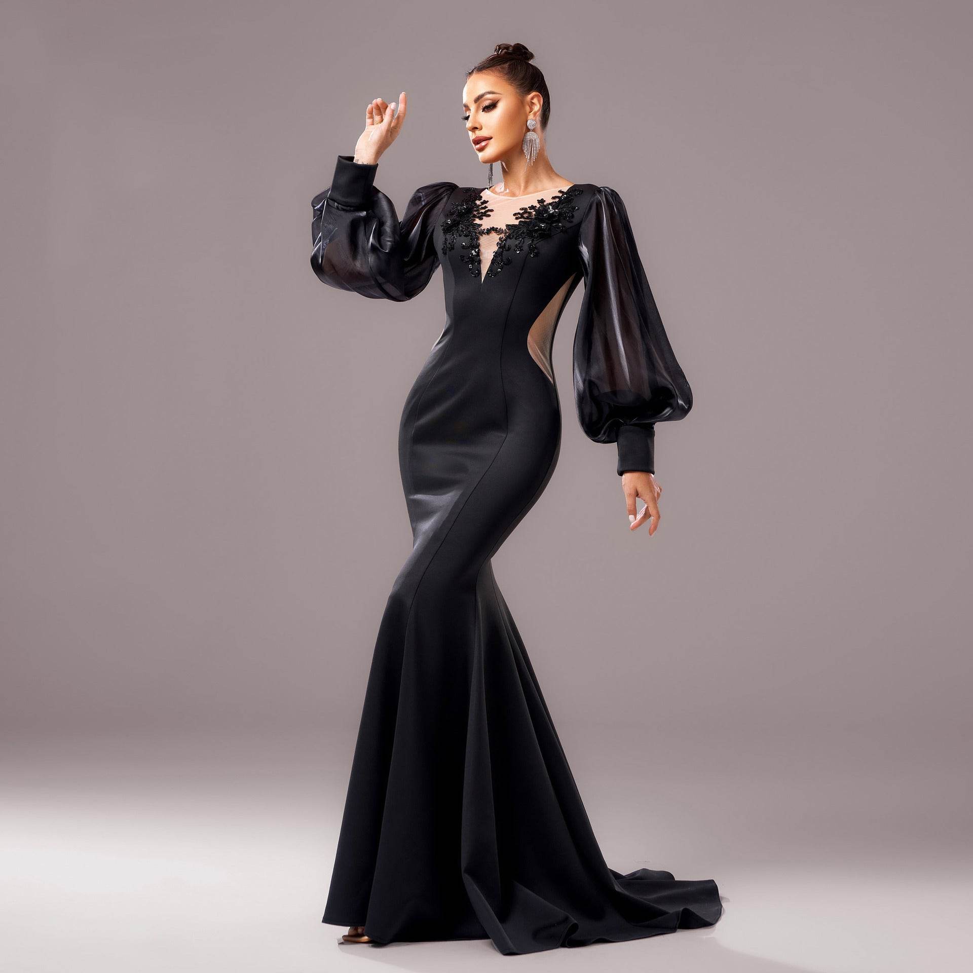 Elegant Long Sleeve Fishtail Dress - Applique & Sequin Details for Events - Buy Center