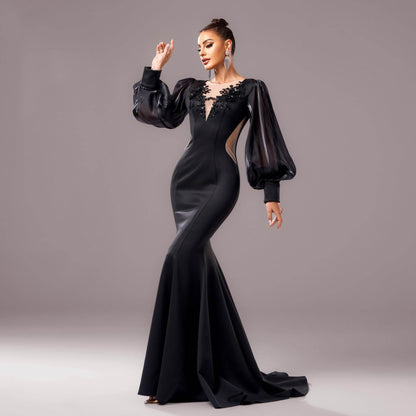 Elegant Long Sleeve Fishtail Dress - Applique & Sequin Details for Events - Buy Center