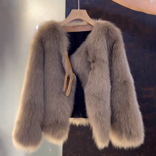 Women's Short Autumn Button Top - Stylish Coat with Fur Collar - Buy Center