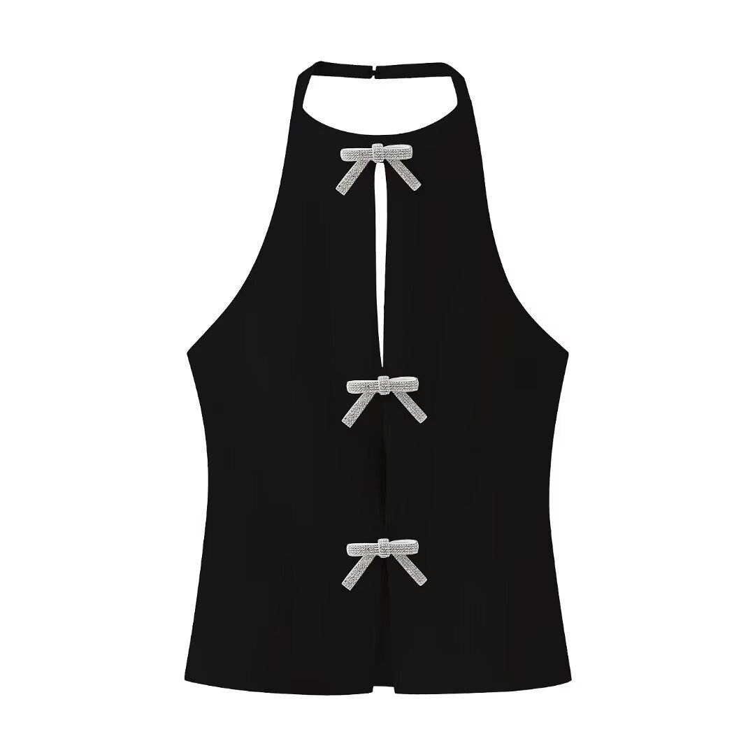 Bowknot Decoration Halter Camisole - Stylish Women's Top in White/Black - Buy Center