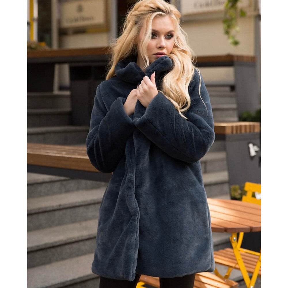 Buycenter Stand-Up Collar Winter Faux Fur Coat - Mid-Length, Loose Fit - Buy Center