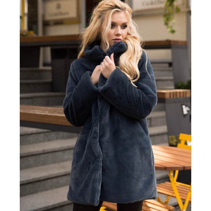 Buycenter Stand-Up Collar Winter Faux Fur Coat - Mid-Length, Loose Fit - Buy Center