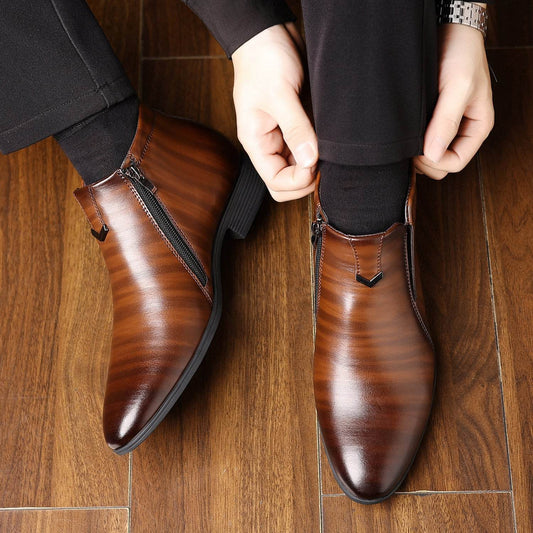 Men's Pointed White Striped Leather Ankle Boots - Side Zipper & Stylish Comfort - Buy Center