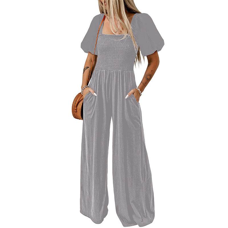 Women's Square Collar Black Jumpsuit - Chic Short Sleeve Design 2025 - Buy Center