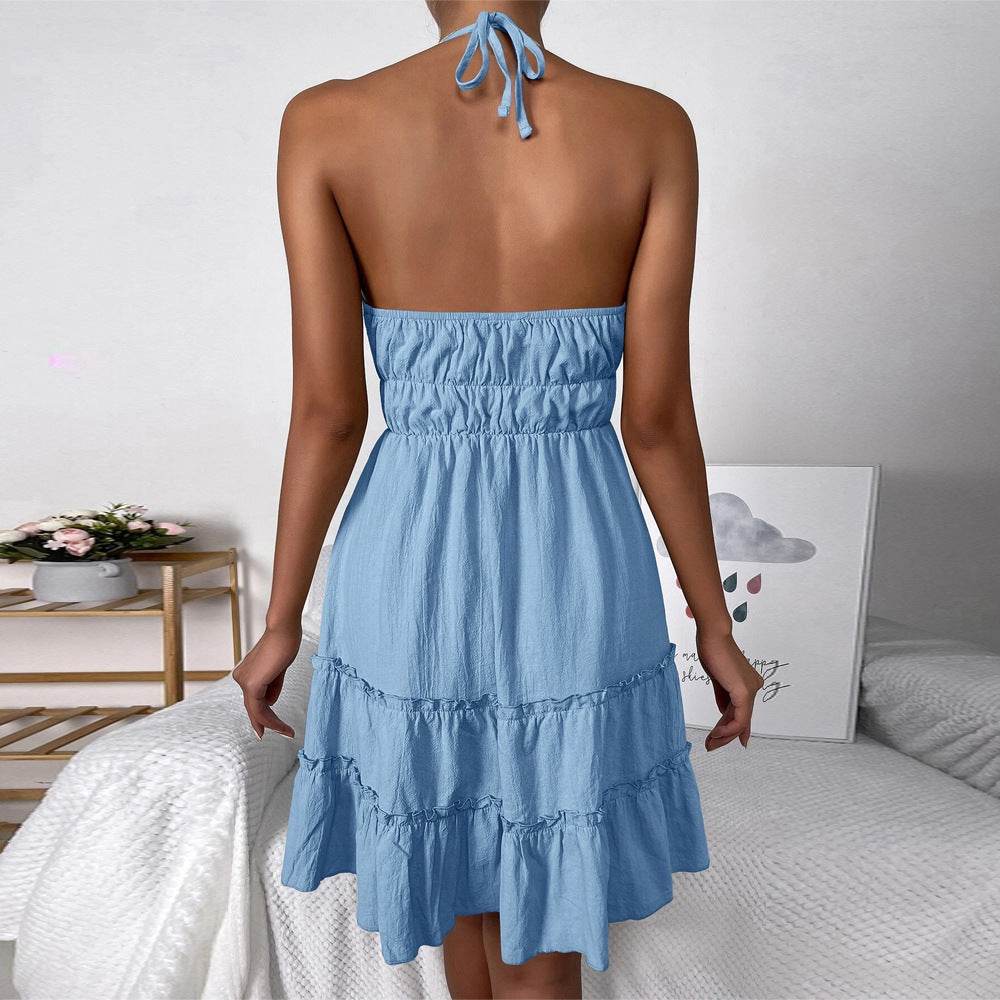 Buycenter Women's Backless Halter Dress - Sky Blue A-Line, Sleeveless - Buy Center