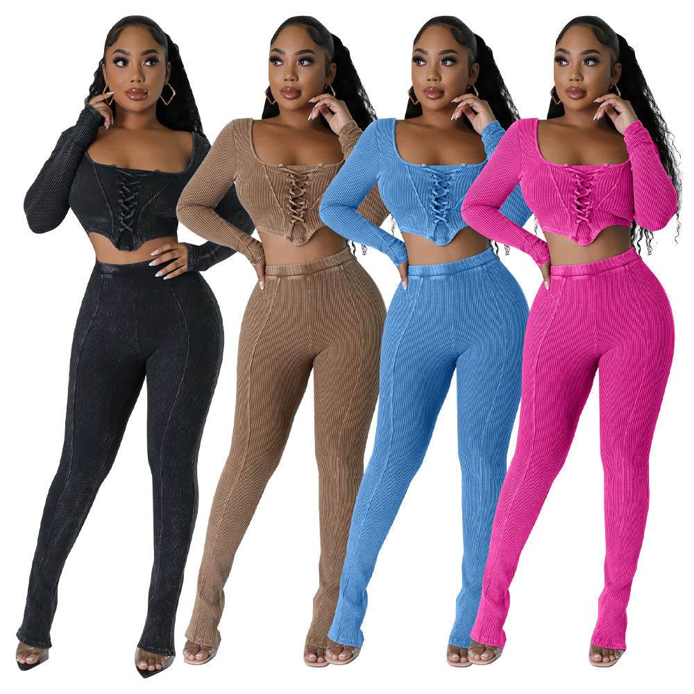 Buycenter Square Collar Skinny Pencil Pants - Stylish Two-Piece Suit - Buy Center
