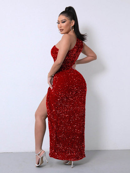 Buycenter Women's Sleeveless One Shoulder Dress - Sequins & Gorgeous Slit - Buy Center