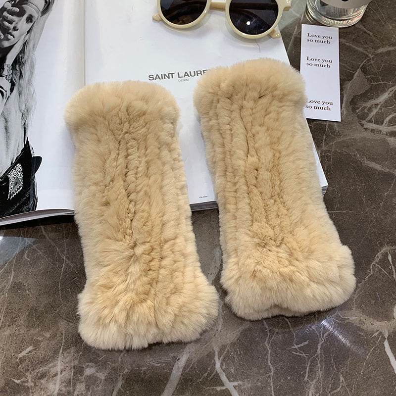 Sweet Warm Rex Rabbit Fur Gloves - Cozy Half Finger Design for Winter - Buy Center
