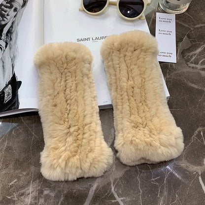 Sweet Warm Rex Rabbit Fur Gloves - Cozy Half Finger Design for Winter - Buy Center