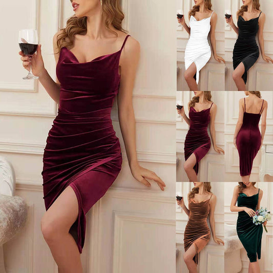Buycenter Women's Velvet Sling Dress - Pleated Midi Evening Wear - Buy Center