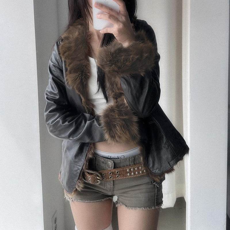 American Street Fur Collar Leather Coat - Edgy Style for Modern Women - Buy Center