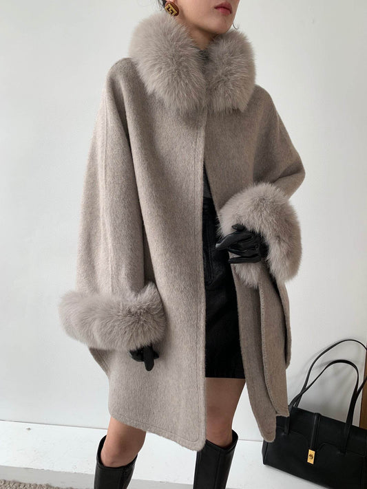 Buycenter Cape Fox Fur Collar Wavy Coat - Stylish Wool Blend Jacket - Buy Center