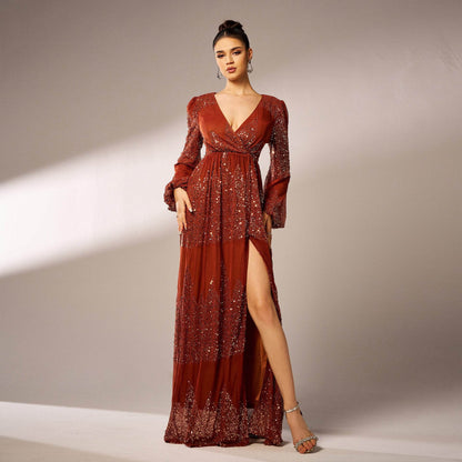 Elegant Long Sleeve V-Neck Sequined Evening Dress - Stylish for Special Occasions - Buy Center