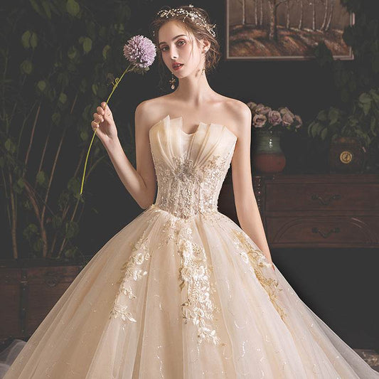Elegant Bride Summer Tube Top Dress - Mori Style Trailing Skirt in Champagne - Buy Center
