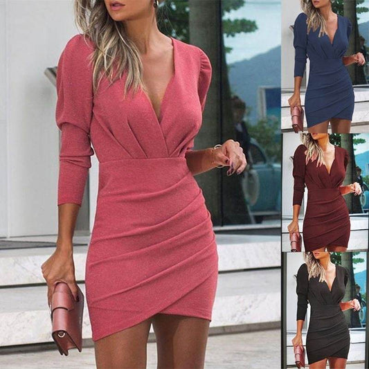 Buycenter Women's Thin Long Sleeve Dress - Solid Color Evening Wear - Buy Center