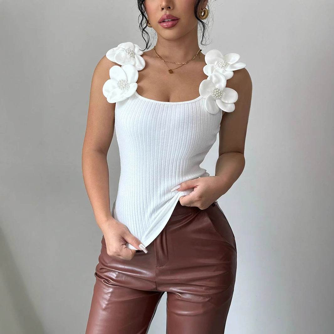 Buycenter Sleeveless Knitted Top - Casual Floral Design, Slim Fit Style - Buy Center
