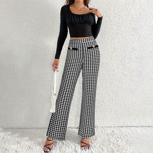 Chic Houndstooth Wide Leg Pants - Faux Pocket Detail for Stylish Appeal - Buy Center