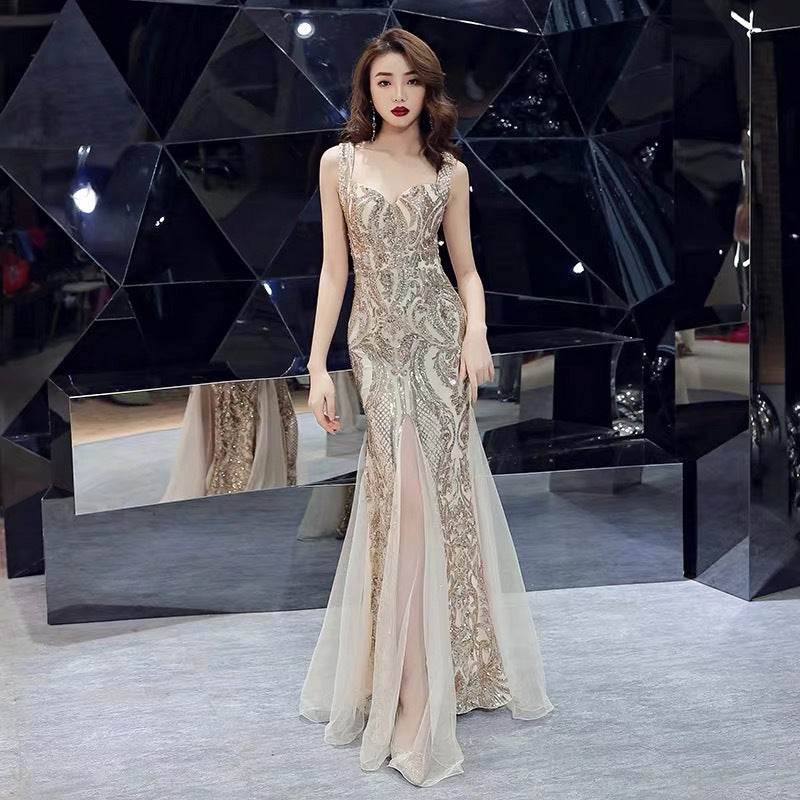 Buycenter Fishtail Long Summer Dress - Sequins Evening Banquet Gown - Buy Center