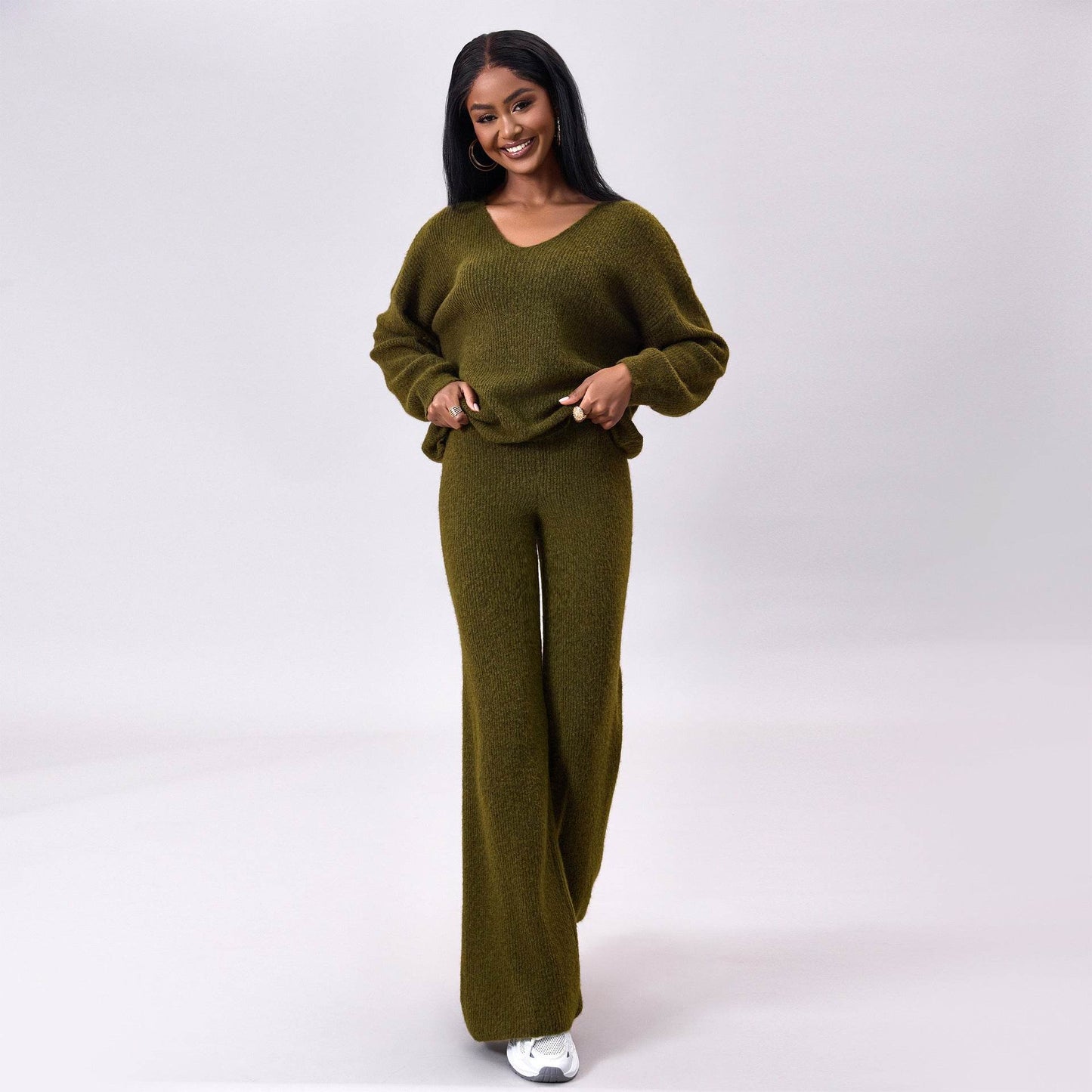 Stylish Knitted Sunken Stripe Long Sleeve Suit - Versatile Two-Piece Set - Buy Center