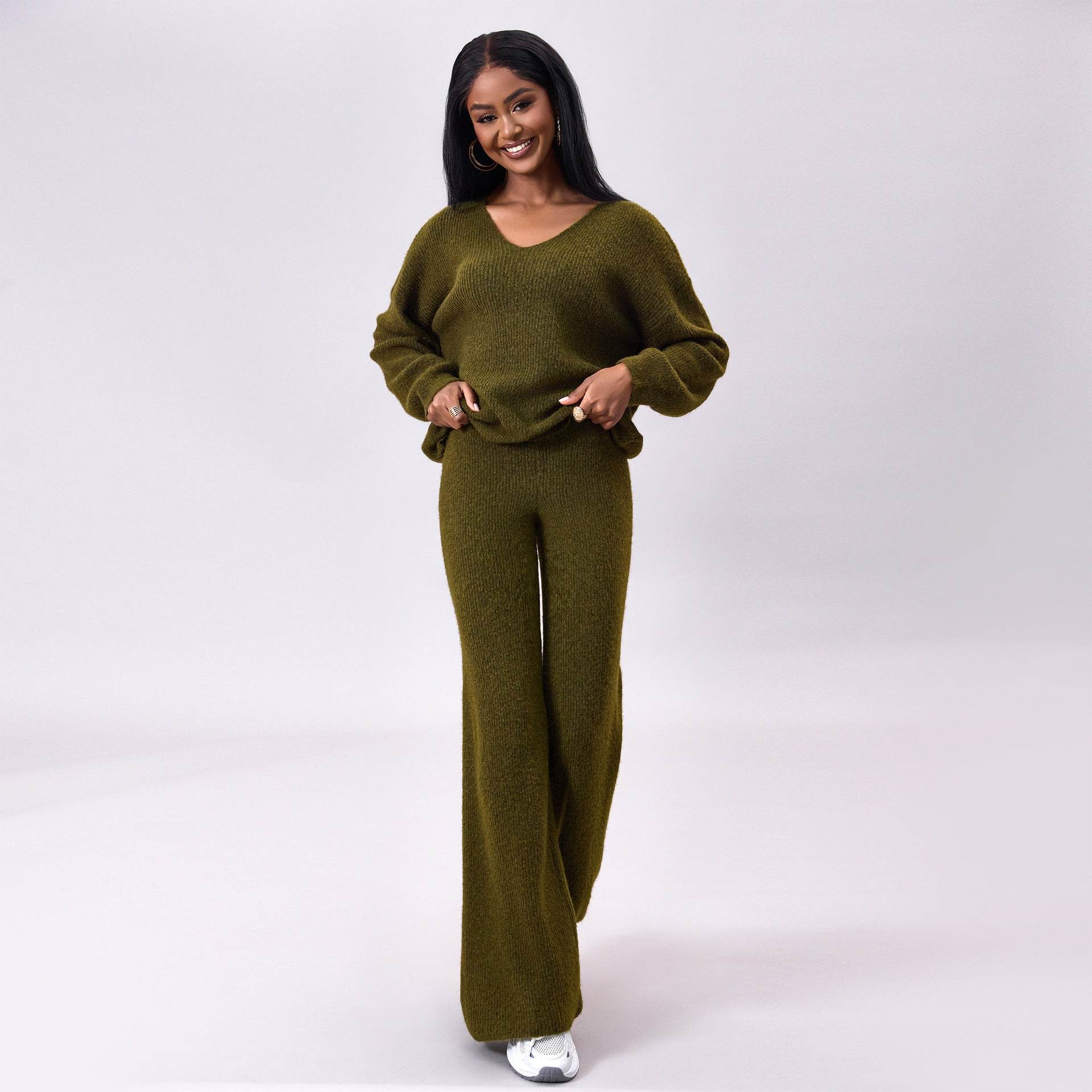 Stylish Knitted Sunken Stripe Long Sleeve Suit - Versatile Two-Piece Set - Buy Center