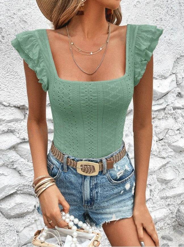 Women's Ruffled Square Collar Slim T-shirt - Stylish Short Sleeve Top - Buy Center