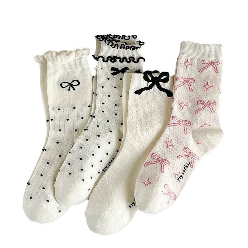 Three-Dimensional Polka Dot Bow Socks - Pure Cotton Mid-Calf for Women - Buy Center