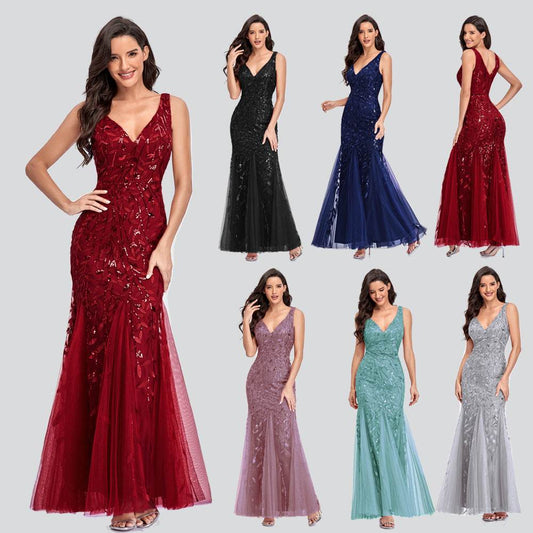 Buycenter Sleeveless V-Neck Mermaid Dress - Embroidered Sequin Elegance - Buy Center