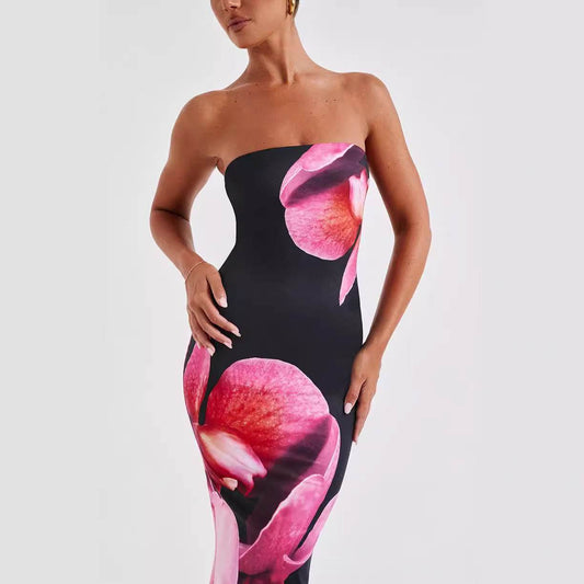 Buycenter Long Tube Top Sheath Dress - Floral Print, High Waist Design - Buy Center