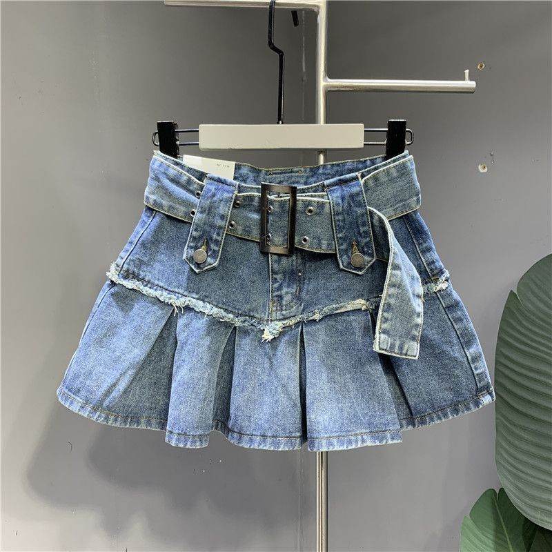 Retro Light Blue A-Line Denim Skirt - Stylish Pleated Design for Girls - Buy Center