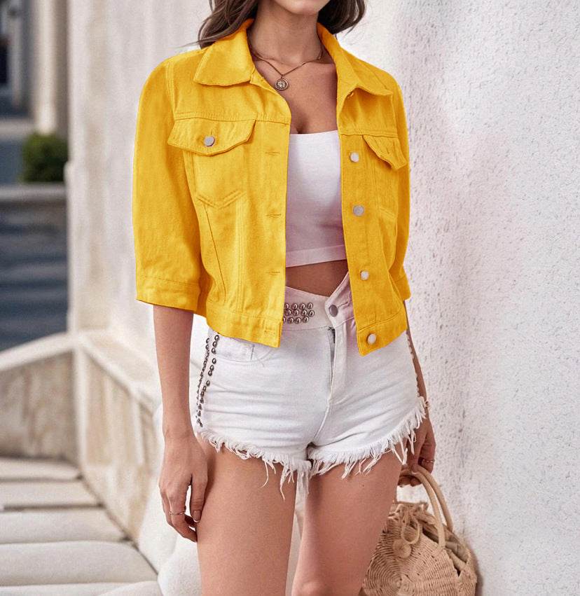 Buycenter Women's 3/4 Sleeve Colorful Denim Jacket - Stylish Spring Fashion - Buy Center