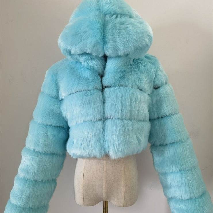 Trendy Short Hood Fox Fur Women's Coat - Stylish Faux Fur & Leather - Buy Center