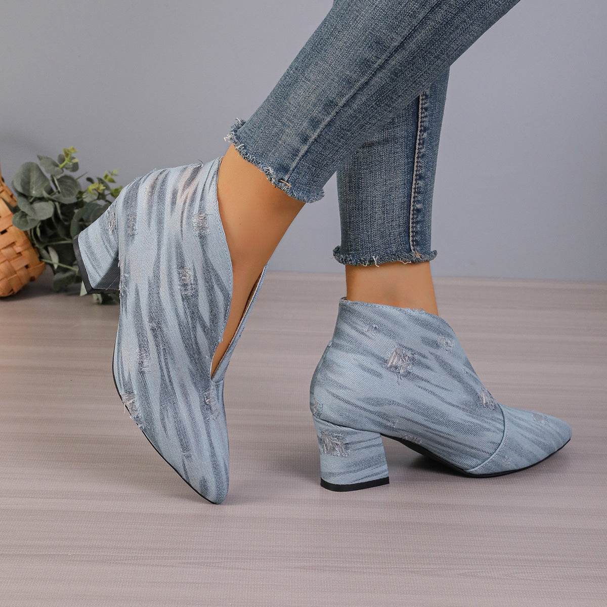 Buycenter Women's V Cut Denim Booties - Chunky Mid Heel, Pointed Toe - Buy Center