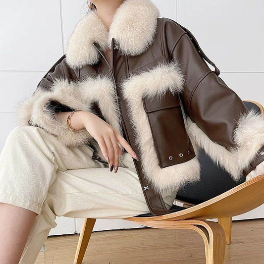 Sense Fox Fur Stitching Leather Coat - Retro Elegant Women's Outerwear - Buy Center