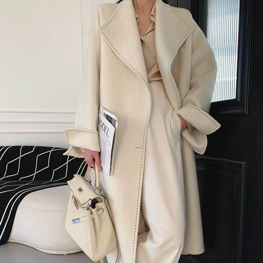 Buycenter Double-faced Woolen Overcoat - Long Fur Lapel, Lace-up Style - Buy Center