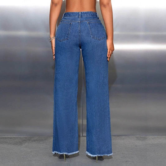 Women's Ripped Wide Leg Denim Trousers - High Waist Dark Blue Jeans - Buy Center