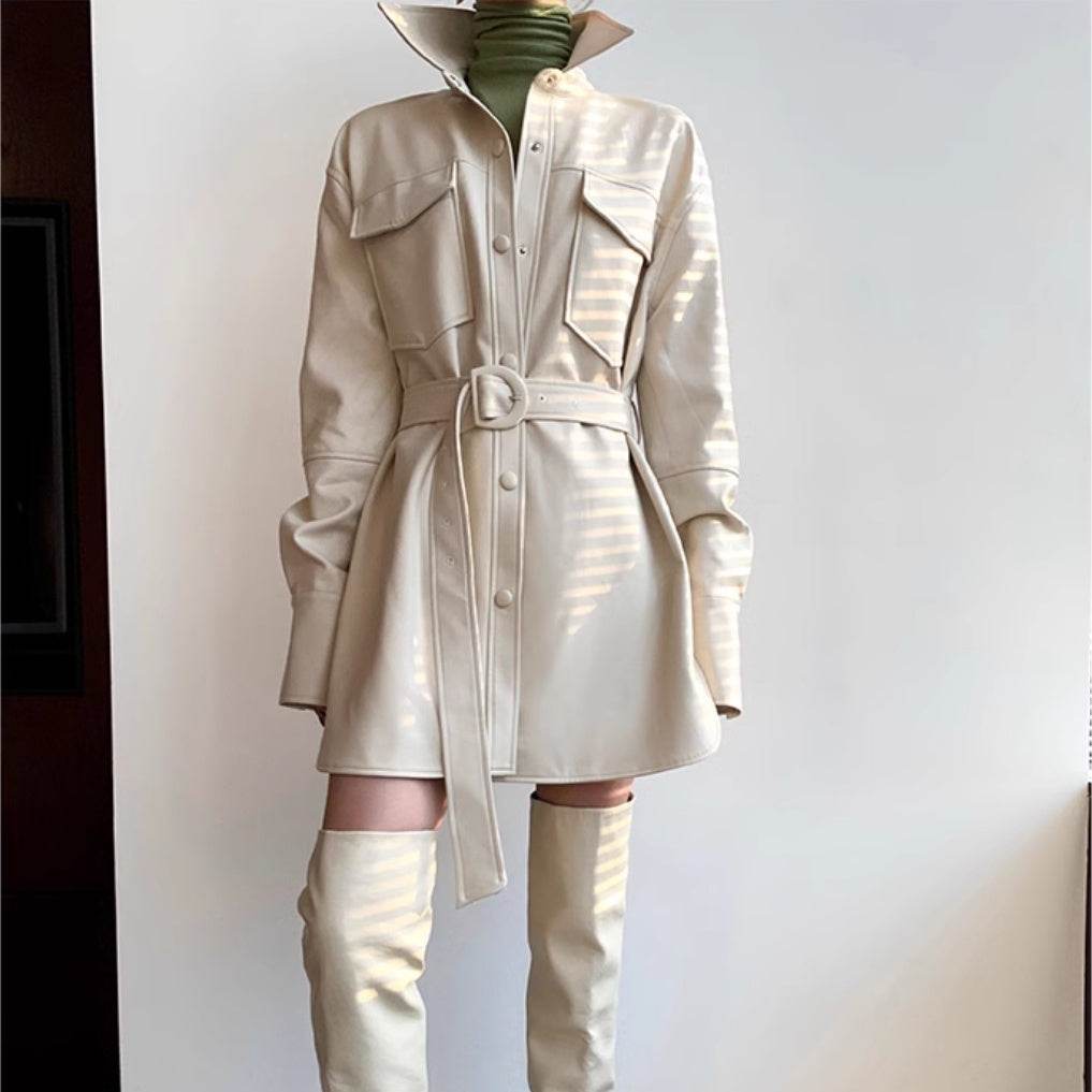 Women's Retro White Leather Coat - Chic Mid-Length Blouse Style 2025 - Buy Center
