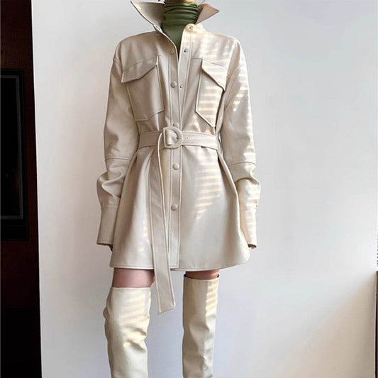 Women's Retro White Leather Coat - Chic Mid-Length Blouse Style 2025 - Buy Center