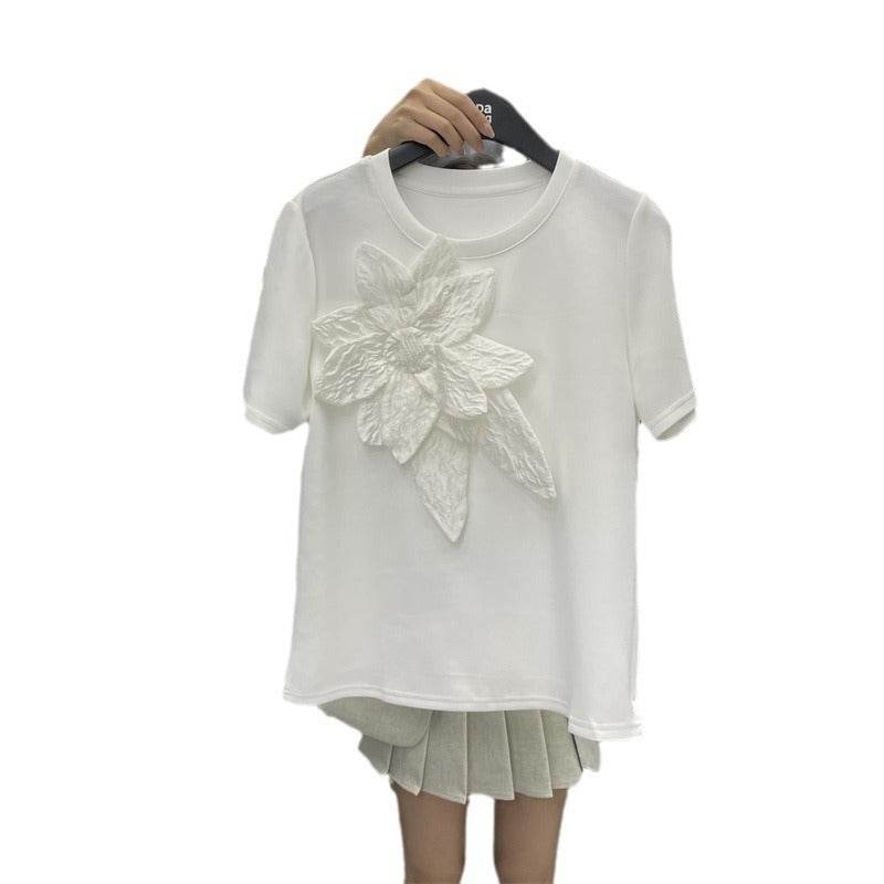 Stylish Three-Dimensional Flower T-Shirt for Women - Short Sleeve Elegance - Buy Center