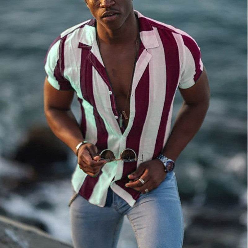 Buycenter Men's Short-Sleeved Cotton Shirt - Striped Mercerized Design - Buy Center