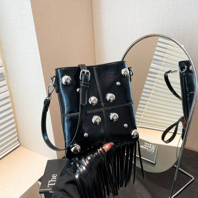 Buycenter Studded Shoulder Tassel Crossbody Bag - Trendy Bucket Style - Buy Center
