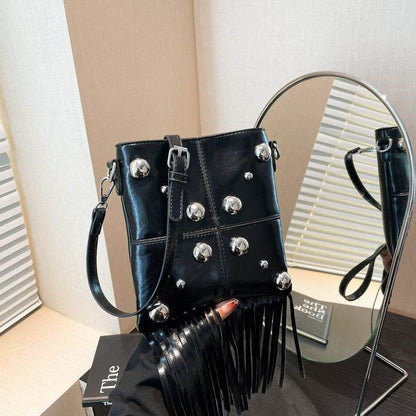 Buycenter Studded Shoulder Tassel Crossbody Bag - Trendy Bucket Style - Buy Center