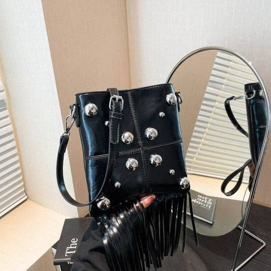 Buycenter Studded Shoulder Tassel Crossbody Bag - Trendy Bucket Style - Buy Center