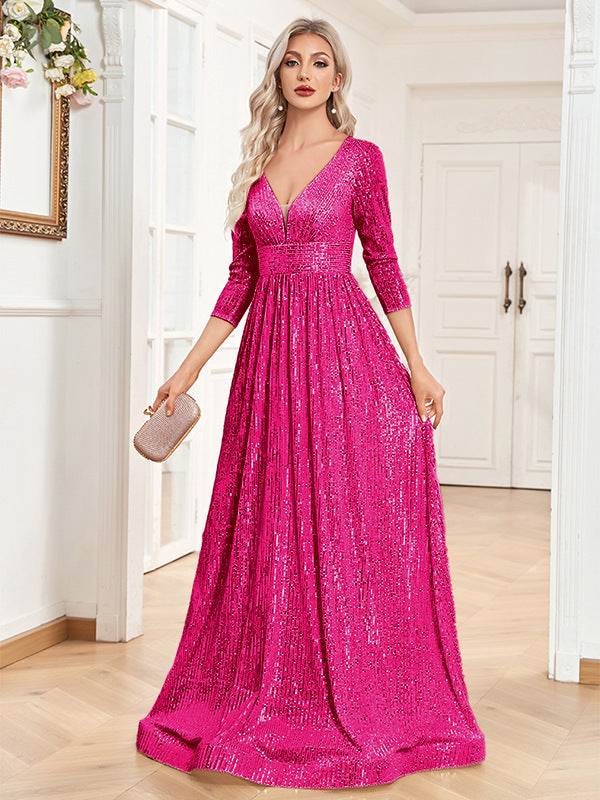Buycenter V-neck Sequined Party Dress - High Waist, Elegant Evening Style - Buy Center