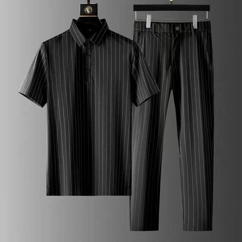 Men's Ice Silk Stripes Casual Suit - Trendy Short Sleeve Trousers Set - Buy Center